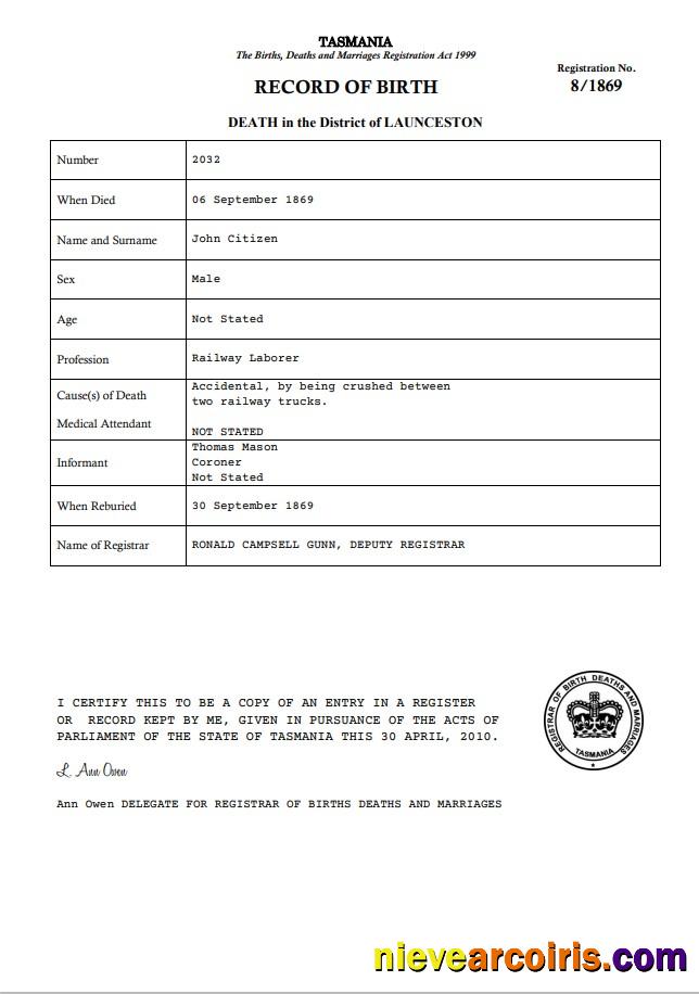 Australia Tasmania death certificate